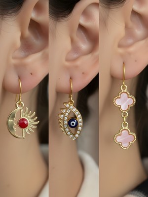 NKT Collection Pembe Yonca Nazar Göz Ay Güneş Sembol Figürlü 3’lü Kadın Küpe Set