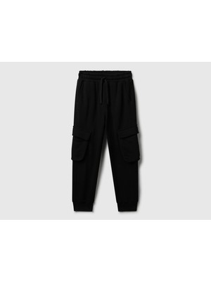 Benetton Erkek Çocuk Siyah Büzgü Ipli Yan Cepli Ribana Detaylı  Kargo Eşofman Altı