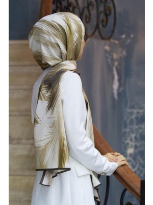 Vissona Lüks Medine Ipeği Geometrik Desenli Vizon Renkli 75X195 Kırışmaz Şal Moss Krep Dikiş Tipi Italyan Dikişli