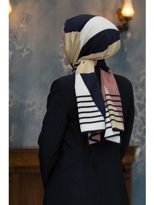 Vissona Lüks Medine Ipeği Geometrik Desenli Pudra Renkli 75X195 Kırışmaz Şal Moss Krep Dikiş Tipi Italyan Dikişli