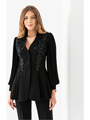 Vuntal Dantel Işlemeli Volanlı Ceket Ikili Takım Elbise