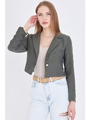 Armonika Kadın Haki Crop Ceket Uzun Kol Dokuma Tek Düğmeli Casual Stil M Beden