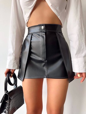 Virtustore Kontrast Deri Etek Siyah