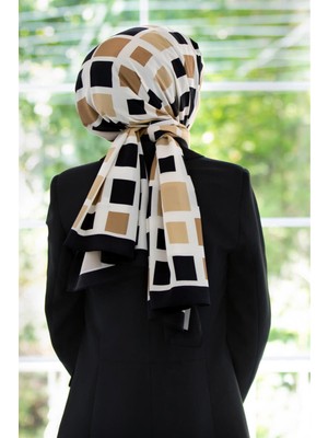 Vissona Lüks Medine Ipeği Kare Desenli Bej Renkli 75X195 Kırışmaz Şal Moss Krep Dikiş Tipi Italyan Dikişli