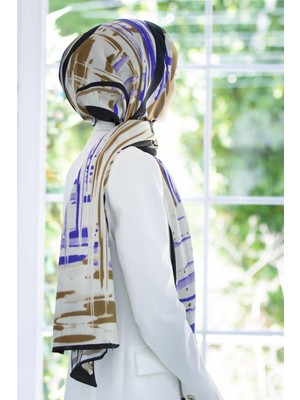 Vissona Lüks Medine Ipeği Geometrık Desenli Saks Renkli 75X195 Kırışmaz Şal Moss Krep Dikiş Tipi Italyan Dikişli