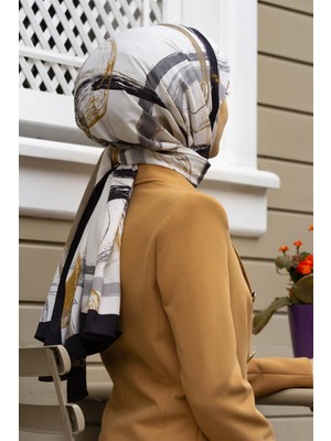 Vissona Lüks Medine Ipeği Fırça Desenli Krem - Siyah Renkli 75X195 Kırışmaz Şal Moss Krep Dikiş Tipi Italyan Dikişli