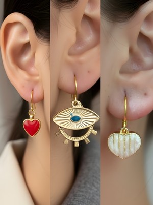 NKT Collection Beyaz Kalp Göz Kırmızı Kalp Sembol Figürlü 3’lü Kadın Küpe Set