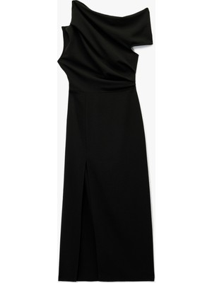 Koton Tek Omuz Kolsuz Yırtmaç Detaylı Drapeli Midi Elbise