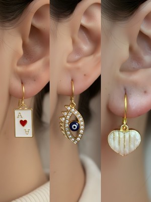 NKT Collection Beyaz Kalp Nazar Göz Kupa As Sembol Figürlü 3’lü Kadın Küpe Set