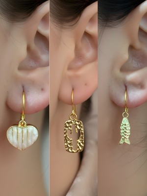 NKT Collection Kaktüs Balık Beyaz Kalp Sembol Figürlü 3’lü Kadın Küpe Set