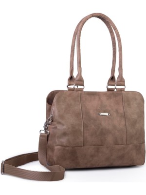  Nas Bag Kadın Büyük Boy Üç Bölmeli Omuz Çantası Vizon  Raven