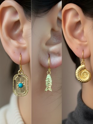 NKT Collection Balık Deniz Kabuğu Tablet Kutup Yıldızı Sembol Figürlü 3’lü Kadın Küpe Set