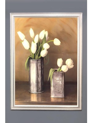 Dolce Mariee Beyaz Lale Vazosu Desenli Dijital Baskılı Kadife Kumaş Çerçeveli Tablo TBL0012