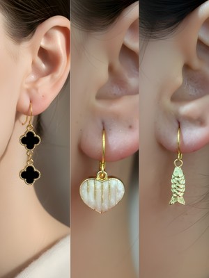 NKT Collection Balık Beyaz Kalp Siyah Yonca Sembol Figürlü 3’lü Kadın Küpe Set