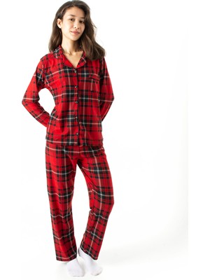 Ecrou Kadın Kırmızı Ekose Desen Bebe Yaka Uzun Kol Biyeli Pijama Takım