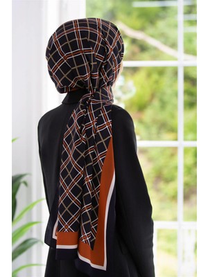 Vissona Lüks Medine Ipeği Ekose Desenli Siyah - Taba Renkli 75X195 Kırışmaz Şal Moss Krep Dikiş Tipi Italyan Dikişli