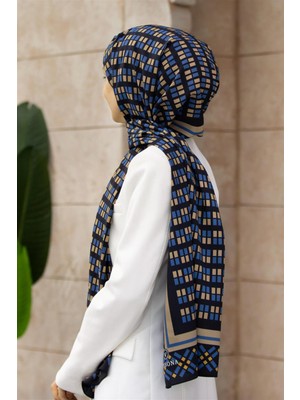 Vissona Lüks Medine Ipeği Kare Desenli Indigo  Renkli 75X195 Kırışmaz Şal Moss Krep Dikiş Tipi Italyan Dikişli