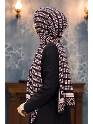 Vissona Lüks Medine Ipeği Kare Desenli Pudra Renkli 75X195 Kırışmaz Şal Moss Krep Dikiş Tipi Italyan Dikişli