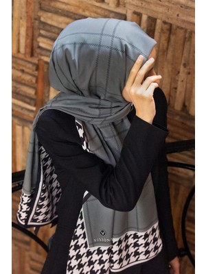 Vissona Lüks Medine Ipeği Kazayağı Desenli Gri - Siyah Renkli 75X195 Kırışmaz Şal Moss Krep Dikiş Tipi Italyan Dikişli