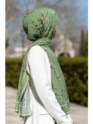 Vissona Lüks Medine Ipeği Boya Damlası Desenli Haki Renkli 75X195 Kırışmaz Şal Moss Krep Dikiş Tipi Italyan Dikişli