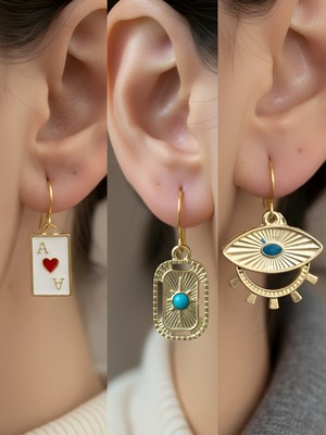 NKT Collection Göz Tablet Kutup Yıldızı Kupa As Sembol Figürlü 3’lü Kadın Küpe Set