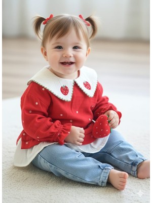 Necix's Laura Baby Çilek Desenli Puantiyeli Kotlu Kız Bebek Çocuk Alt Üst Takım