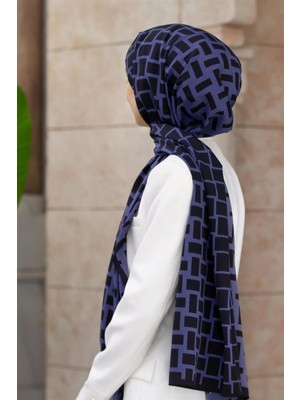 Vissona Lüks Medine Ipeği Kareli Desenli Indigo Renkli 75X195 Kırışmaz Şal Moss Krep Dikiş Tipi Italyan Dikişli