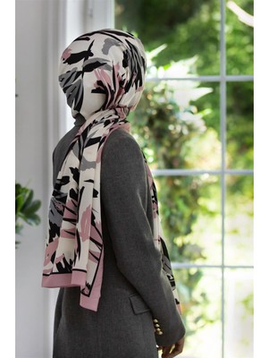 Vissona Lüks Medine Ipeği Yaprak Desenli Pudra Renkli 75X195 Kırışmaz Şal Moss Krep Dikiş Tipi Italyan Dikişli