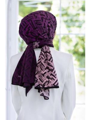 Vissona Lüks Medine Ipeği Degradeli Çizgi Desenli Mor Renkli 75X195 Kırışmaz Şal Moss Krep Dikiş Tipi Italyan Dikişli