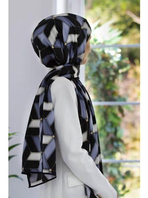 Vissona Lüks Medine Ipeği Geometrik Desenli Indigo Renkli 75X195 Kırışmaz Şal Moss Krep Dikiş Tipi Italyan Dikişli