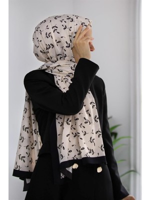 Vissona Lüks Medine Yaprak Desenli Krem Renkli 75X195 Kırışmaz Şal Moss Krep Dikiş Tipi Italyan Dikişli