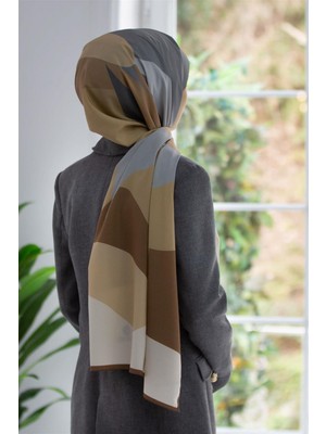 Vissona Lüks Medine Ipeği Çiçek ve Yaprak Desenli Gri - Bej Renkli 75X195 Kırışmaz Şal Moss Krep Dikiş Tipi Italyan Dikişli