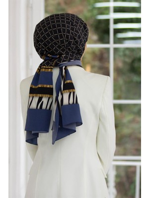 Vissona Lüks Medine Zebralı Baklava Desenli Indigo Renkli 75X195 Kırışmaz Şal Moss Krep Dikiş Tipi Italyan Dikişli