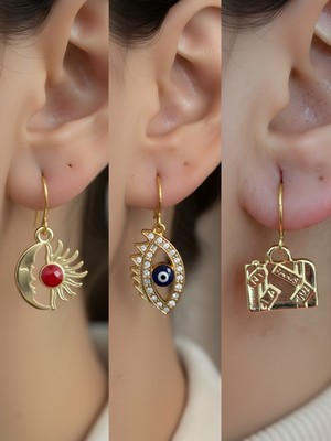 NKT Collection Bavul Nazar Göz Ay Güneş Sembol Figürlü 3’lü Kadın Küpe Set