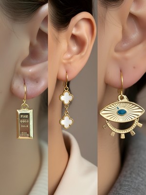 NKT Collection Göz Beyaz Yonca Külçe Altın Sembol Figürlü 3’lü Kadın Küpe Set