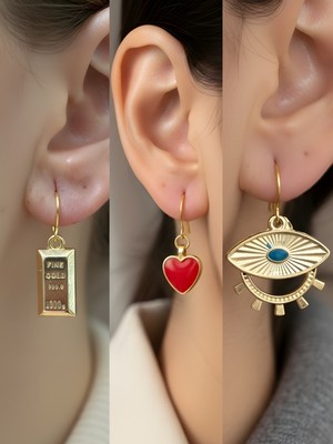 NKT Collection Göz Kırmızı Kalp Külçe Altın Sembol Figürlü 3’lü Kadın Küpe Set