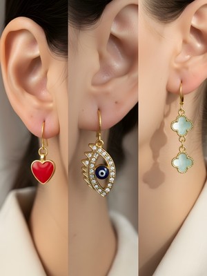 NKT Collection Turkuaz Yonca Nazar Göz Kırmızı Kalp Sembol Figürlü 3’lü Kadın Küpe Set