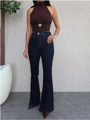 Ecenin Favorileri Koyu Lacivert İspanyol Paça Kadın Jean Pantolon