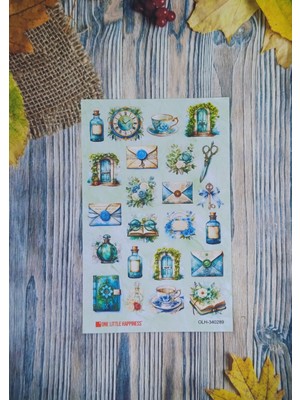 One Little Happiness Blue1 Temalı Vintage Journal Sticker Seti / Bullet Journal Scrapbook Kolaj Için Uygun