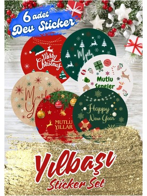 One Little Happiness 6 Adet 8 cm Büyük Yılbaşı Temalı Etiket, Hediye Paketi Etiketi,yapışkanlı Sticker,