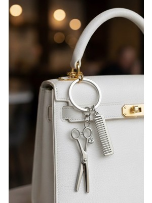 Modex Kuaför Temalı Tek Taş Detay Makas Tarak Çanta Aksesuarı Anahtarlık