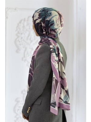 Vissona Lüks Medine Ipeği Geometrik Desenli Lila Renkli 75X195 Kırışmaz Şal Moss Krep Dikiş Tipi Italyan Dikişli