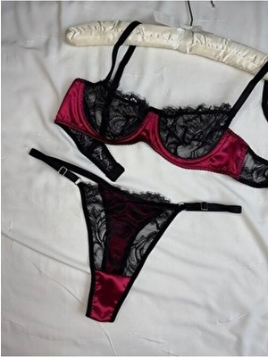 Rozenin Lingerie Rozenin Kırmızı Dantel Detaylı Saten Kapsız Balenli Bralet Takım 2 Parça Konforlu Tasarım