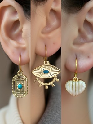 NKT Collection Beyaz Kalp Göz Tablet Kutup Yıldızı Sembol Figürlü 3’lü Kadın Küpe Set