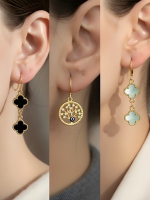 NKT Collection Siyah Yonca Turkuaz Yonca Hayat Ağacı Sembol Figürlü 3’lü Kadın Küpe Set