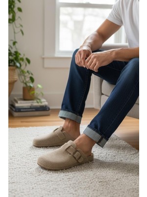 Twigy Tam Ortopedik Keçe Erkek Rahat ve Hafif Şık Bej Ev Terliği