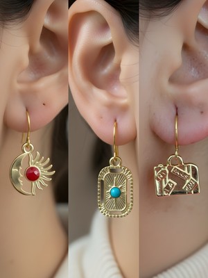 NKT Collection Bavul Tablet Kutup Yıldızı Ay Güneş Sembol Figürlü 3’lü Kadın Küpe Set