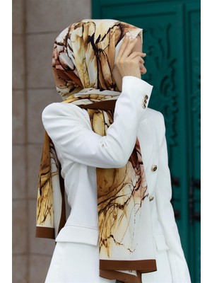 Vissona Lüks Medine Ipeği Batik Desenli Hardal Renkli 75X195 Kırışmaz Şal Moss Krep Dikiş Tipi Italyan Dikişli