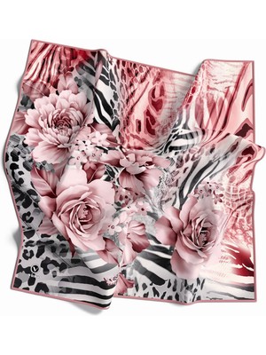 Violla Twill Renkli Şerit Desenli Pudra Renkli 90X90 Eşarp (Ipek Içermez) Kenar Dikiş Şekli El Dikişli