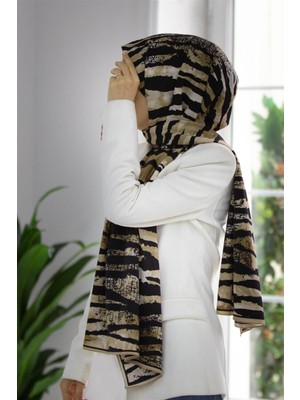 Vissona Lüks Medine Ipeği Zebra Desenli Bej - Siyah Renkli 75X195 Kırışmaz Şal Moss Krep Dikiş Tipi Italyan Dikişli